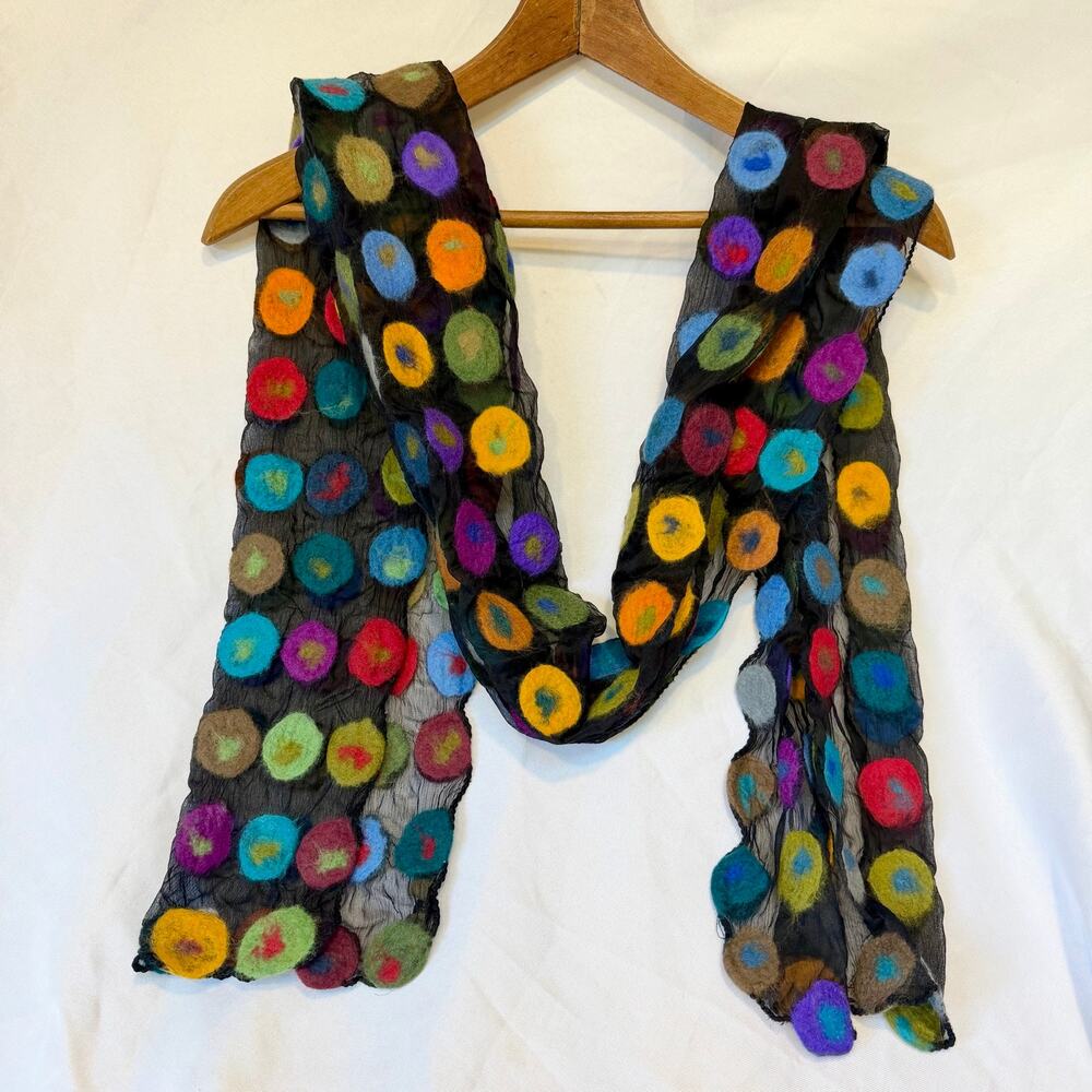 Windhorse Felted Silk Wool Scarf Polka Dot Multicolor Art to Wear Handmade Nepal
